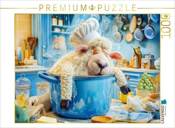 Produktbild: CALVENDO Puzzle Schaf mit Kochm&uuml;tze schl&auml;ft im Kochtopf | 1000 Teile Lege-Gr&ouml;&szlig;e 64x48cm Foto-Puzzle f&uuml;r gl&uuml;ckliche Stunden