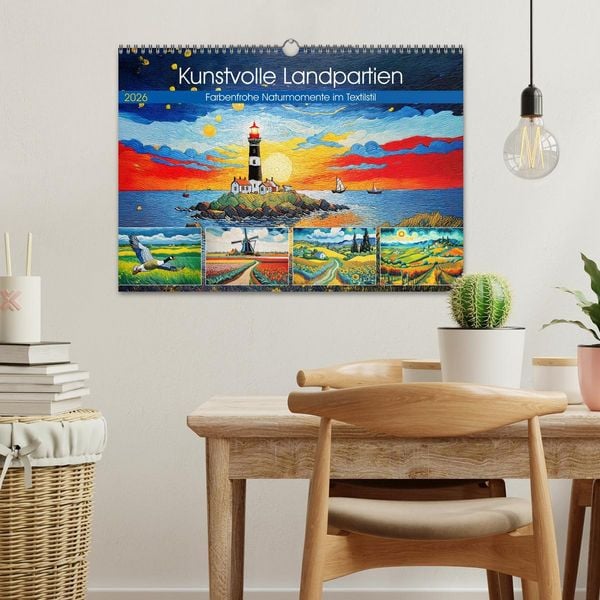 Produktbild: Kunstvolle Landpartien - Farbenfrohe Naturmomente im Textilstil (Wandkalender 2026 DIN A3 quer), CALVENDO Monatskalender