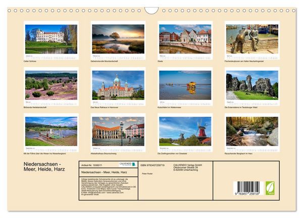 Produktbild: Niedersachsen - Meer, Heide, Harz (Wandkalender 2026 DIN A3 quer), CALVENDO Monatskalender