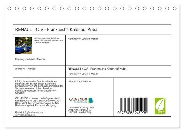 Produktbild: RENAULT 4CV - Frankreichs K&auml;fer auf Kuba (Tischkalender 2025 DIN A5 quer), CALVENDO Monatskalender