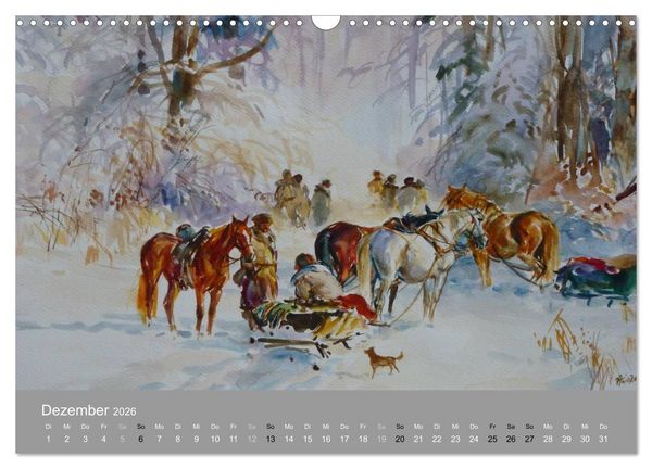 Produktbild: Mit Pferden durch die Jahreszeiten - Pferdebilder in &Ouml;l und Aquarell (Wandkalender 2026 DIN A3 quer), CALVENDO Monatskalender