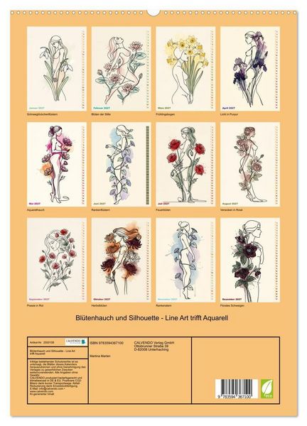Produktbild: Bl&uuml;tenhauch und Silhouette - Line Art trifft Aquarell (hochwertiger Premium Wandkalender 2027 DIN A2 hoch), Kunstdruck in Hochglanz