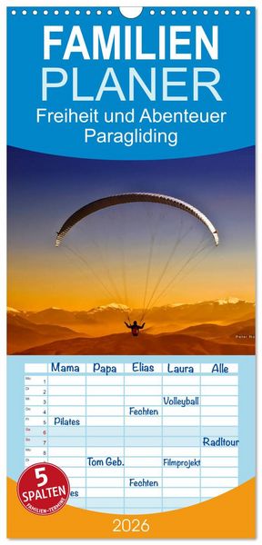 Produktbild: Familienplaner 2026 - Freiheit und Abenteuer - Paragliding mit 5 Spalten (Wandkalender, 21 x 45 cm) CALVENDO