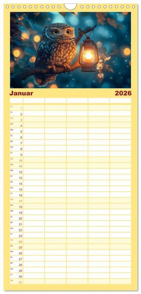 Produktbild: Familienplaner 2026 - Eulen im Wald - Die geheimen Jobs und Aufgaben mit 5 Spalten (Wandkalender, 21 x 45 cm) CALVENDO