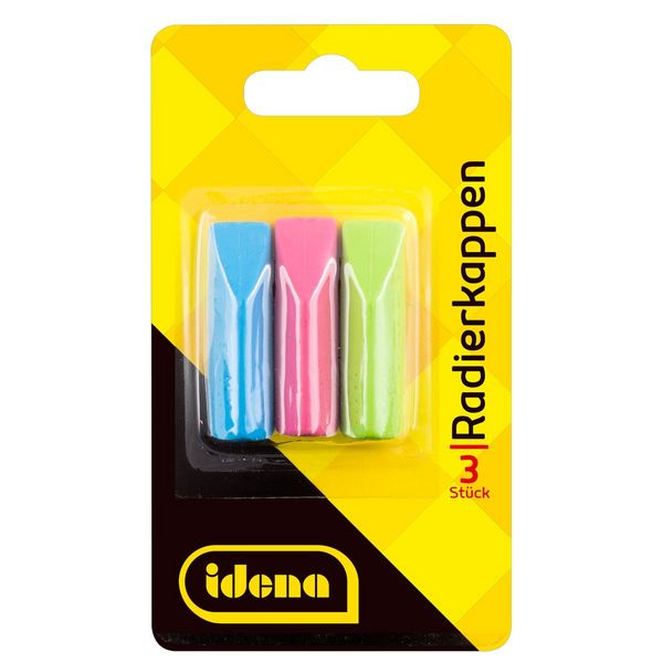 Produktbild: Idena Radierkappen gr&uuml;n/blau/pink 3 St&uuml;ck Blister