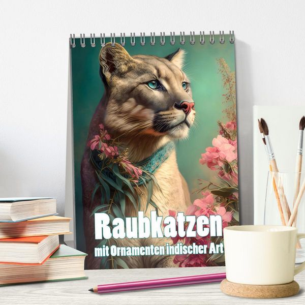 Produktbild: Raubkatzen mit Ornamenten indischer Art (Tischkalender 2026 DIN A5 hoch), CALVENDO Monatskalender