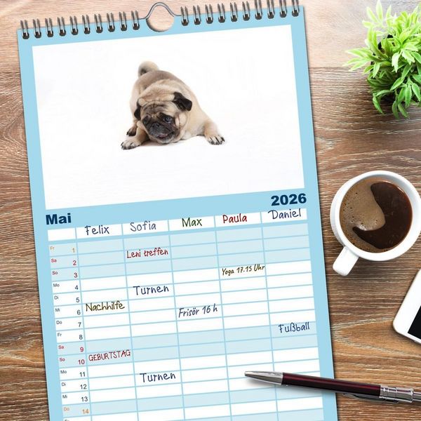 Produktbild: Familienplaner 2026 - Mops - unwiderstehlich und charmant mit 5 Spalten (Wandkalender, 21 x 45 cm) CALVENDO