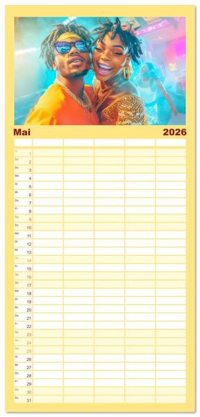 Produktbild: Familienplaner 2026 - Feiern und Musik - Beschwingt dabei mit 5 Spalten (Wandkalender, 21 x 45 cm) CALVENDO