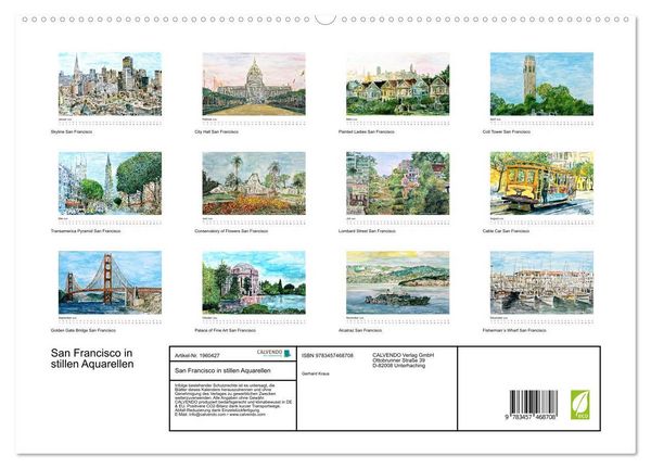Produktbild: San Francisco in stillen Aquarellen (hochwertiger Premium Wandkalender 2026 DIN A2 quer), Kunstdruck in Hochglanz