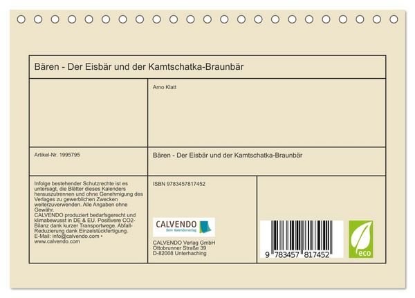 Produktbild: B&auml;ren - Der Eisb&auml;r und der Kamtschatka-Braunb&auml;r (Tischkalender 2026 DIN A5 quer), CALVENDO Monatskalender