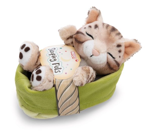 Produktbild: NICI - Kuscheltier Katze Bengal 12cm schlafend im K&ouml;rbchen hellgr&uuml;n