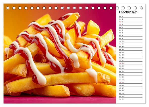 Produktbild: Pommes Rot-Wei&szlig; - Fastfood-Humor mit knusprigen Fritten, Ketchup und Mayo (Tischkalender 2026 DIN A5 quer), CALVENDO Monatskalender