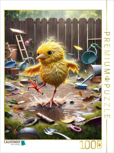 CALVENDO Puzzle Regentanz des Missgeschicks: Ein gelber Vogel trotzt dem Unwetter | 1000 Teile Lege-Größe 64x48cm Foto-Puzzle für glückliche Stunden