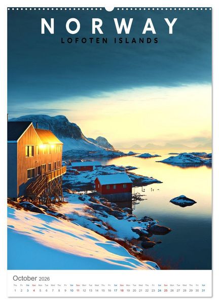 Produktbild: Lofoten Islands - Old School Poster Style (High Quality Premium Wall Calendar 2026 DIN A2 portrait),CALVENDO 12 Month Wall Calendar