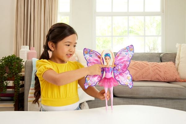Produktbild: Barbie Tanz und Flatter Puppe mit 2-in-1-Verwandlung von der Tänzerin zum Schmetterling, violette Haare