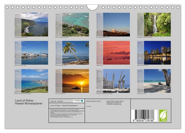 Produktbild: Land of Aloha - Hawaii Monatsplaner (Wandkalender 2026 DIN A4 quer), CALVENDO Monatskalender