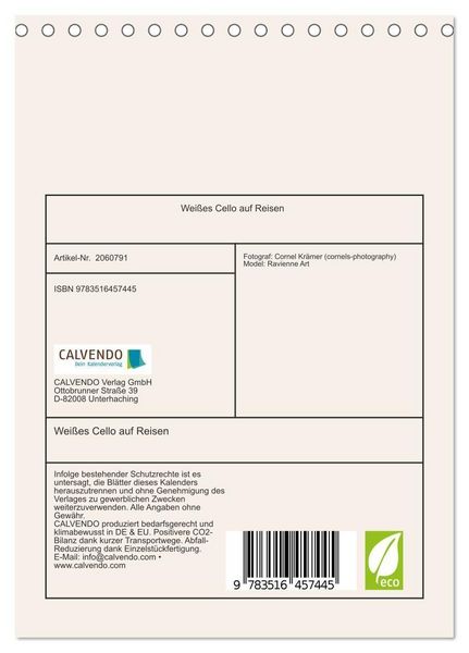 Produktbild: Wei&szlig;es Cello auf Reisen (Tischkalender 2026 DIN A5 hoch), CALVENDO Monatskalender