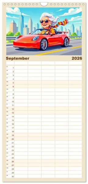 Produktbild: Familienplaner 2026 - Oma rockt den Ruhestand - Lustiger Frauenkalender mit Humor mit 5 Spalten (Wandkalender, 21 x 45 cm) CALVENDO