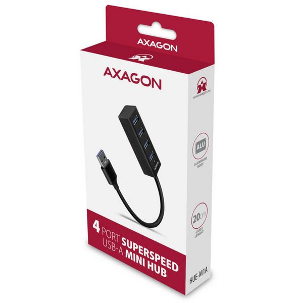 Produktbild: AXAGON HUE-M1A Superspeed USB-A Mini Hub 4x USB 3.0 - 20cm schwarz