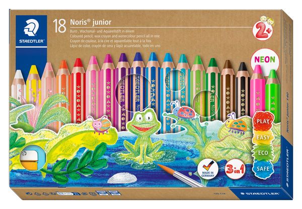 Produktbild: STAEDTLER Noris junior 140 Kindermalstift 3 in 1, Kartonetui mit 18 Malstiften in sortierten Farben, 1 Spitzer und 1 Pinsel, 140 C18