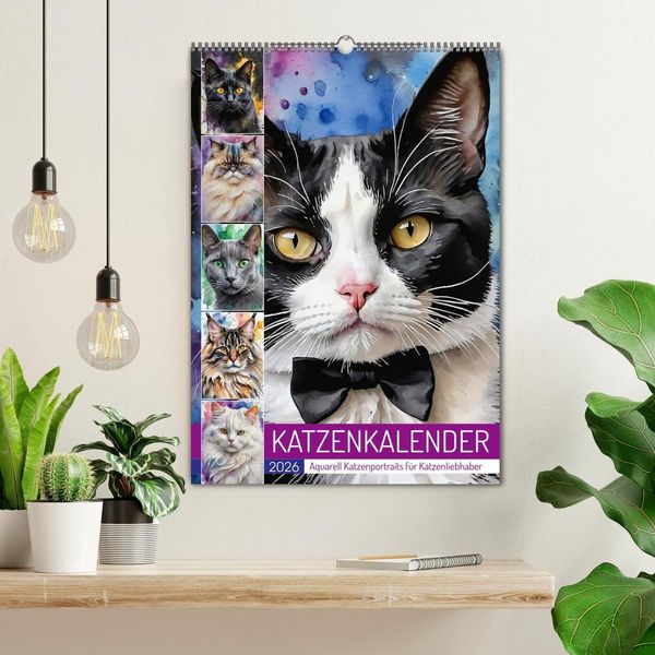 Produktbild: KATZENKALENDER - Aquarell Katzenportraits f&uuml;r Katzenliebhaber (Wandkalender 2026 DIN A2 hoch), CALVENDO Monatskalender