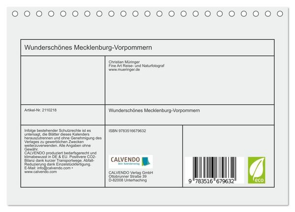Produktbild: Wundersch&ouml;nes Mecklenburg-Vorpommern (Tischkalender 2026 DIN A5 quer), CALVENDO Monatskalender