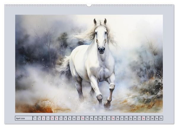 Produktbild: Anmutige Schimmel. &Auml;sthetik wei&szlig;er Aquarell-Pferde (hochwertiger Premium Wandkalender 2026 DIN A2 quer), Kunstdruck in Hochglanz