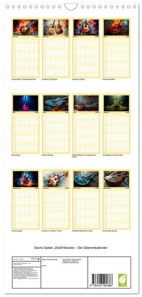 Produktbild: Familienplaner 2026 - Sechs Saiten, Zw&ouml;lf Monate - Der Gitarrenkalender mit 5 Spalten (Wandkalender, 21 x 45 cm) CALVENDO