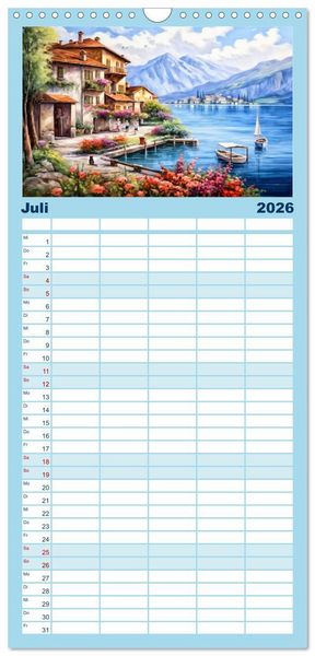 Produktbild: Familienplaner 2026 - S&uuml;dalpines Flair - Seen, Berge und Fantasiest&auml;dte mit 5 Spalten (Wandkalender, 21 x 45 cm) CALVENDO