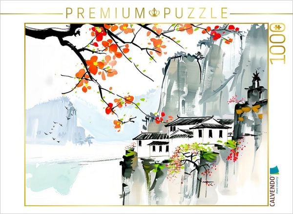 Produktbild: CALVENDO Puzzle Dorf in den Bergen Chinas. Tuschemalerei | 1000 Teile Lege-Gr&ouml;&szlig;e 64x48cm Foto-Puzzle f&uuml;r gl&uuml;ckliche Stunden