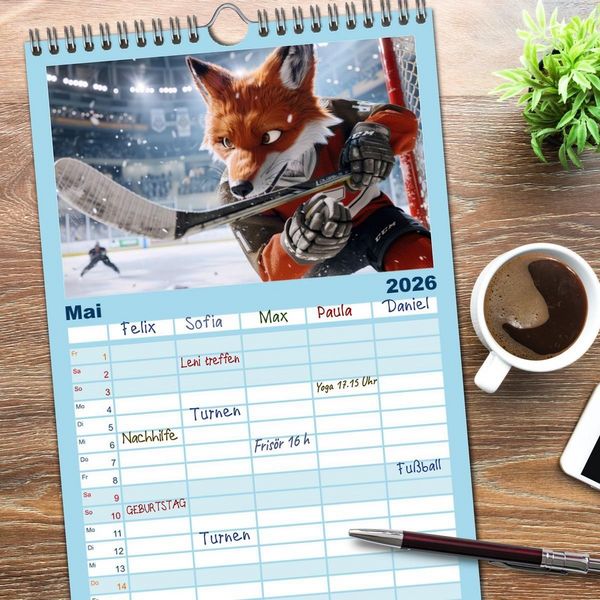 Produktbild: Familienplaner 2026 - Der tierisch lustige Eishockey Kalender mit 5 Spalten (Wandkalender, 21 x 45 cm) CALVENDO