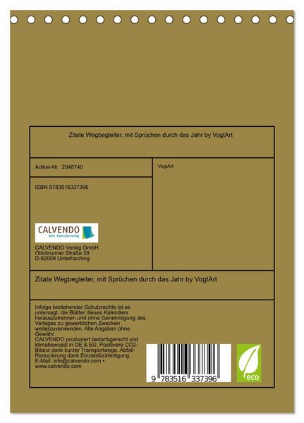 Produktbild: Zitate Wegbegleiter, mit Spr&uuml;chen durch das Jahr by VogtArt (Tischkalender 2026 DIN A5 hoch), CALVENDO Monatskalender