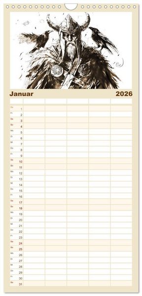 Produktbild: Familienplaner 2026 - G&ouml;tter der Wikinger - Skizzen zur Welt der Nordischen Mythologie mit 5 Spalten (Wandkalender, 21 x 45 cm) CALVENDO