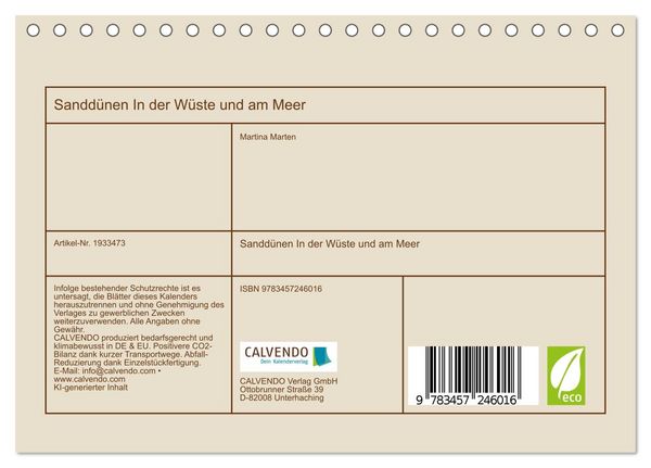 Produktbild: Sandd&uuml;nen In der W&uuml;ste und am Meer (Tischkalender 2026 DIN A5 quer), CALVENDO Monatskalender
