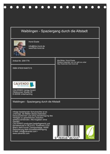 Produktbild: Waiblingen - Spaziergang durch die Altstadt (Tischkalender 2026 DIN A5 hoch), CALVENDO Monatskalender