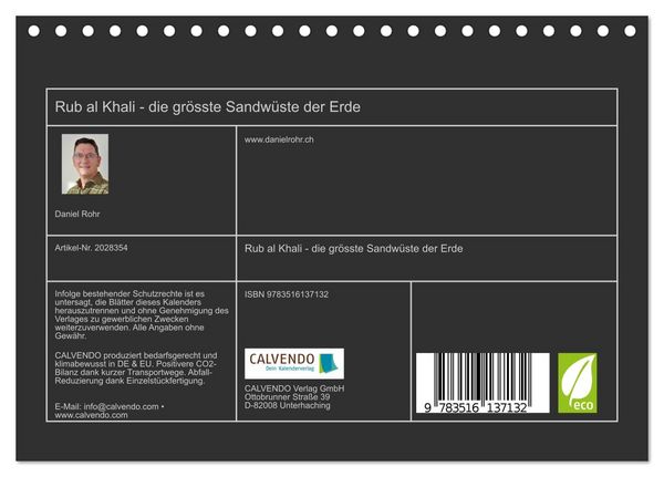 Produktbild: Rub al Khali - die gr&ouml;sste Sandw&uuml;ste der Erde (Tischkalender 2026 DIN A5 quer), CALVENDO Monatskalender
