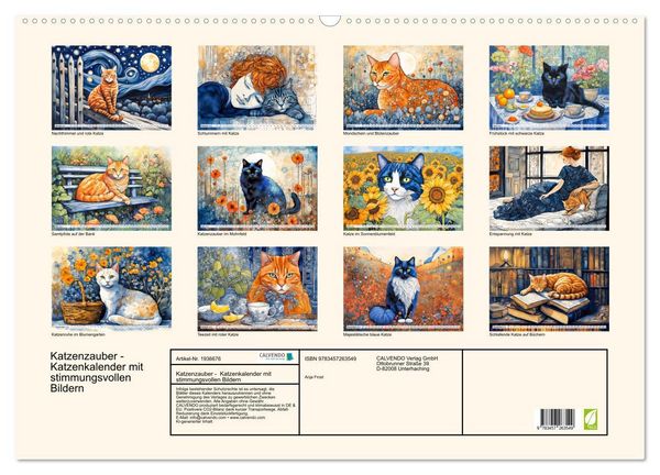 Produktbild: Katzenzauber - Katzenkalender mit stimmungsvollen Bildern (Wandkalender 2026 DIN A2 quer), CALVENDO Monatskalender