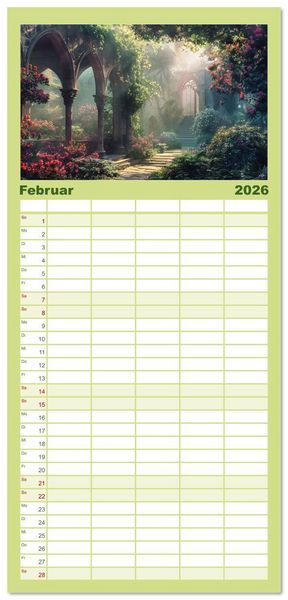 Produktbild: Familienplaner 2026 - Verwunschene G&auml;rten - Eine Zeitreise mit 5 Spalten (Wandkalender, 21 x 45 cm) CALVENDO