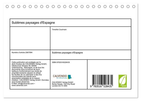 Produktbild: Sublimes paysages d'Espagne (Calendrier de bureau 2026 DIN A5 vertical), CALVENDO calendrier mensuel