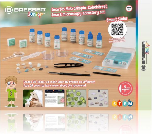 Produktbild: Bresser Junior 12003 - Smartes Mikroskopie-Zubeh&ouml;rset mit verschiedenen Steinen und Dauerpr&auml;paraten inkl. QR-Code f&uuml;r Zusatzinfos