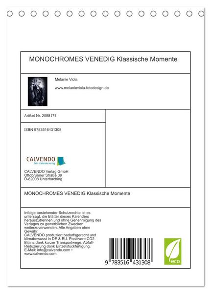 Produktbild: MONOCHROMES VENEDIG Klassische Momente (Tischkalender 2026 DIN A5 hoch), CALVENDO Monatskalender