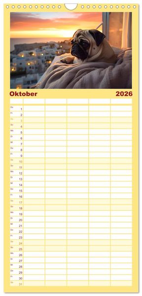 Produktbild: Familienplaner 2026 - Kleine Helden - eine Hommage an die Mopsrasse mit 5 Spalten (Wandkalender, 21 x 45 cm) CALVENDO