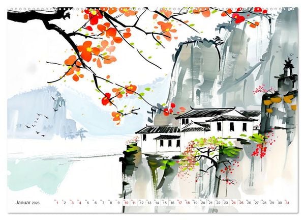 Produktbild: Fernost Impressionen - Tempel und Landschaften in KI-Tuschekunst (Wandkalender 2026 DIN A2 quer), CALVENDO Monatskalender