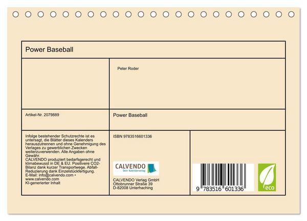 Produktbild: Power Baseball (Tischkalender 2026 DIN A5 quer), CALVENDO Monatskalender