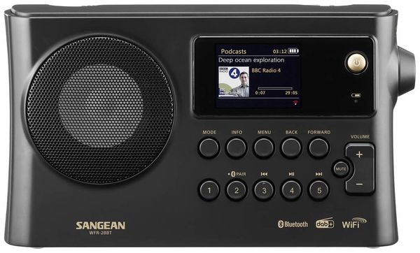 Sangean WFR-28BT Internet Tischradio DAB+, FM WLAN, Bluetooth®, AUX Akku-Ladefunktion, Spotify Schwarz