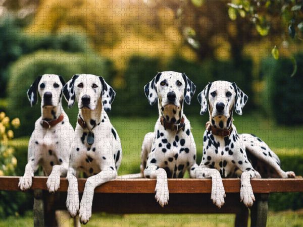 Produktbild: CALVENDO Puzzle Fotosession mit vier Dalmatinern | 1000 Teile Lege-Gr&ouml;&szlig;e 64x48cm Foto-Puzzle f&uuml;r gl&uuml;ckliche Stunden