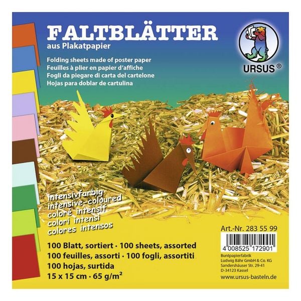 Produktbild: URSUS Falten Faltbl&auml;tter intensiv, Plakatkarton, 65 g/m&sup2;, 15 x 15 cm, 100 Blatt sortiert