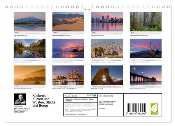 Produktbild: Kalifornien - K&uuml;sten und W&uuml;sten, St&auml;dte und Berge (Wandkalender 2026 DIN A4 quer), CALVENDO Monatskalender