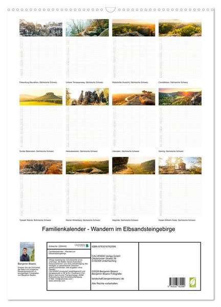 Produktbild: Familienkalender - Wandern im Elbsandsteingebirge (Wandkalender 2027 DIN A2 hoch), CALVENDO Monatskalender