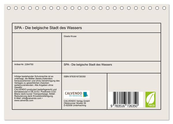 Produktbild: SPA - Die belgische Stadt des Wassers (Tischkalender 2026 DIN A5 quer), CALVENDO Monatskalender